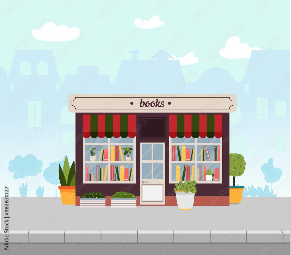 Vector flat illustration of a bookstore, front facade with flower pots, book shelves. Books, science, education, knowledge