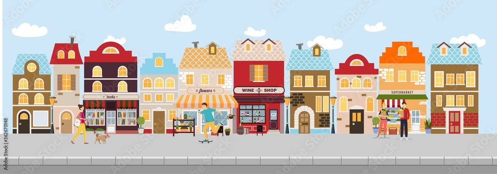Shopping street in european town with young people walking with a dog and skateboarding, making shopping in grocery store. Urban landscape. Banner with building facades. Flat vector illustration