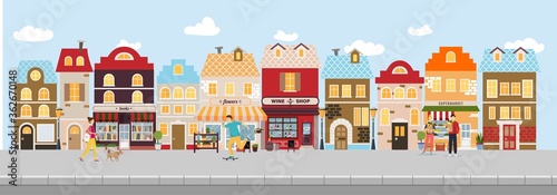 Shopping street in european town with young people walking with a dog and skateboarding, making shopping in grocery store. Urban landscape. Banner with building facades. Flat vector illustration