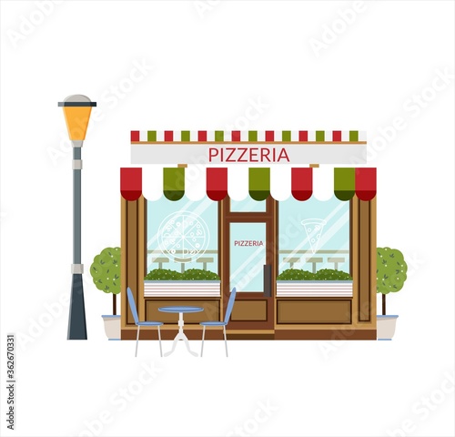 Pizza shop, storefront. Flat icon of pizzeria facade. Italian restaurant, vector illustration in flat style
