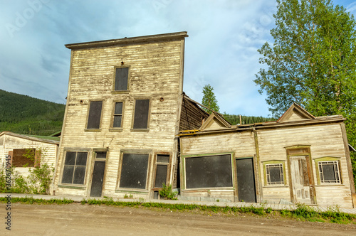 Abandoned Gold Rush era 3rd Avenue hotel complex, damaged by the permafrost, Dawson city, Yukon territory, Canada