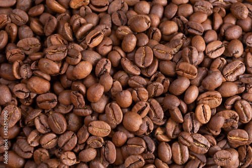 Roasted coffee beans closeup. background. Copy space