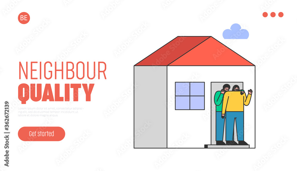 Fototapeta premium Landing page with couple greeting new neighbors. Cartoon people at house door wave hand to newcomers
