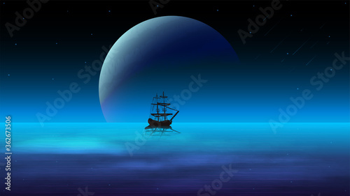Night seascape with a dark sky and a large planet on the horizon, starry sky and a ship in the water on the background of the planet
