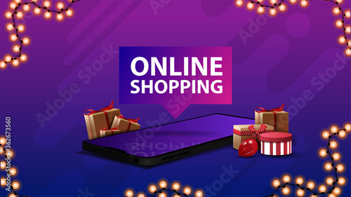 Online shopping, purple banner with large title, presents boxes lying around of smartphone, and garland frame