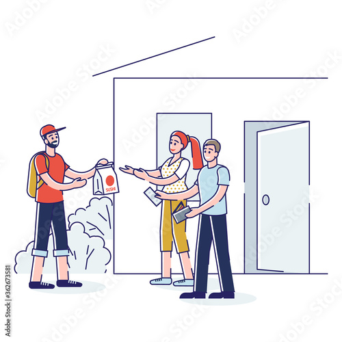 Courier bring sushi order to client. Express japanese food delivery service concept