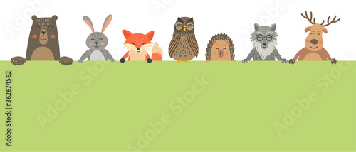 Forest animals border. Bear, hare, fox, owl, wolf, hedgehog and deer with and empty banner. Woodland. Children's vector wild animals illustration with place for your text.