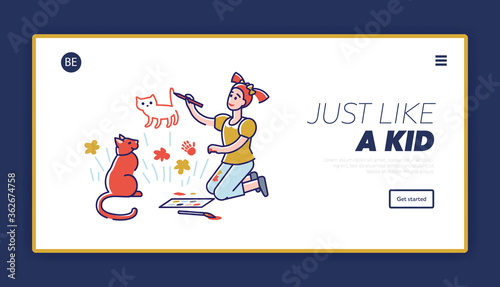 Naughty kids landing page design with little girl painting on wall at home