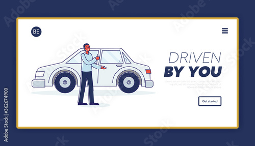 Car dealership center landing page. Online rent service with dealer show auto for purchase or rent