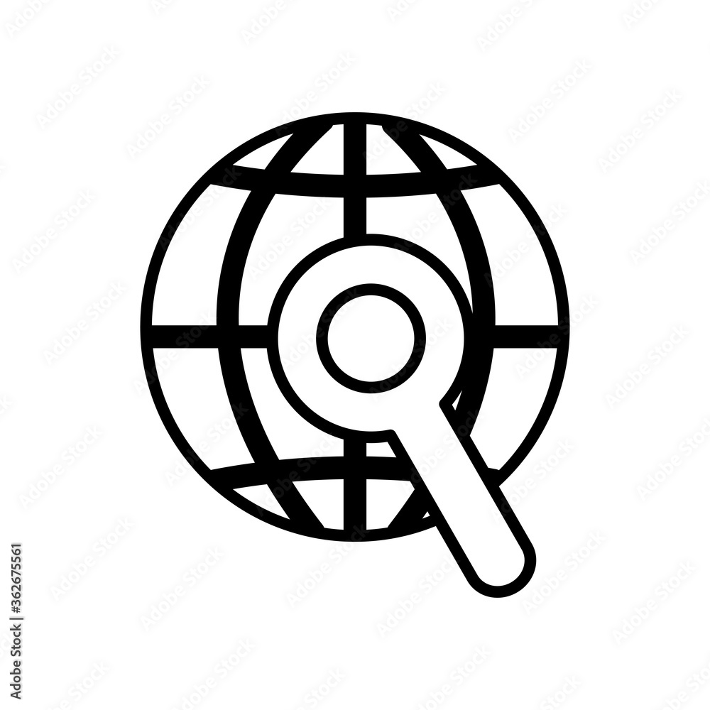 global sphere with magnifying glass icon, line style global sphere with magnifying glass icon, line style