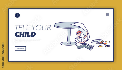 Spoiled kids discipline landing page. Naughty boy make mess with table, breakfast and tablecloth