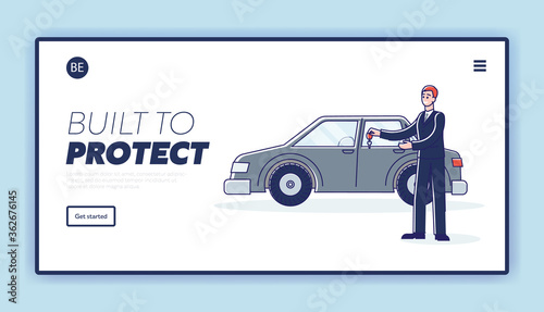 Car dealer hold keys of new auto or vehicle for rent. Car dealership company website landing page