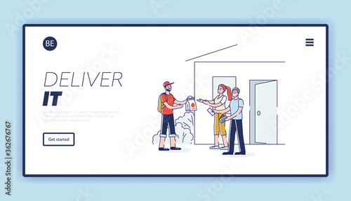 Sushi delivery website homepage with courier bring sushi order to client