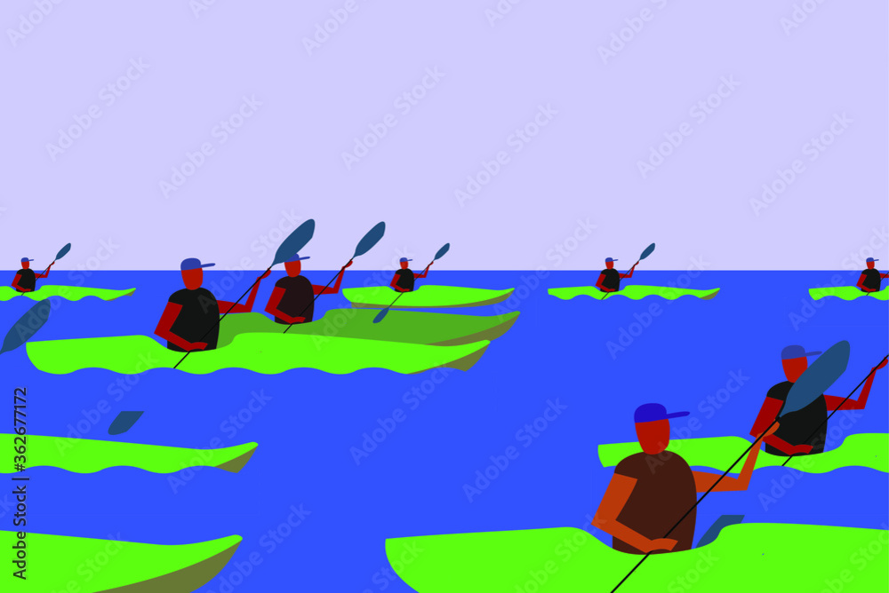 illustration with rowers in canoes