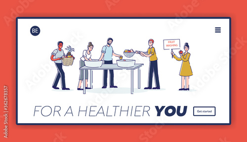 People washing fruits and vegetables before cooking. Landing page of restaurant preparation process