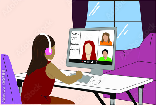 niña, sentada frente a la computadora en la comodidad de su hogar, recibiendo clases en línea, conectada con la maestra y sus compañeros, respetando las nuevas reglas de salud y aislamiento social