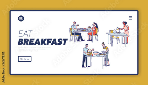 Landing page with people having breakfast eating and cooking healthy food in morning