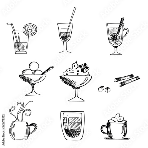 Vector graphic set of drinks, ice cream and spices. Hand drawn sketches
