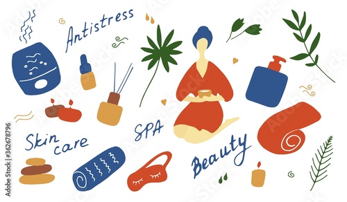 SPA procedure. Beauty wellness center elements. Hand drawn flat illustration