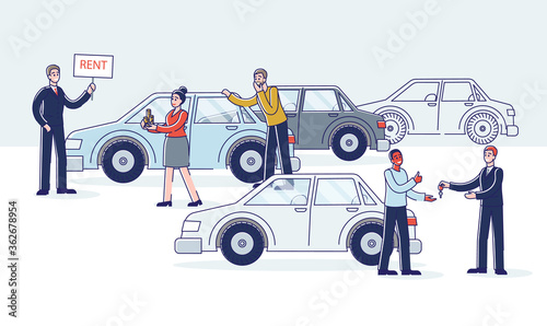 Cars showroom with dealers selling new cars and clients taking vehicles for rent