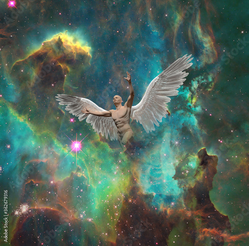Surrealism. Man with wings symbolizes angel in space. 3D rendering
