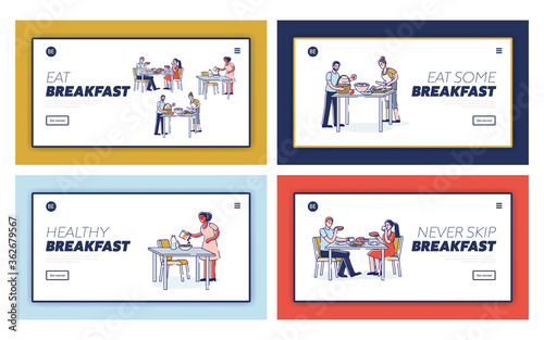 Healthy breakfast website, set of template landing pages with having breakfast at home