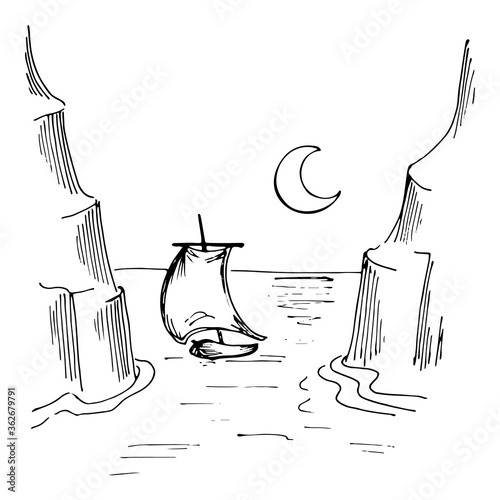 Sailboat in the midnight sea. Vector hand drawn sketch illustration