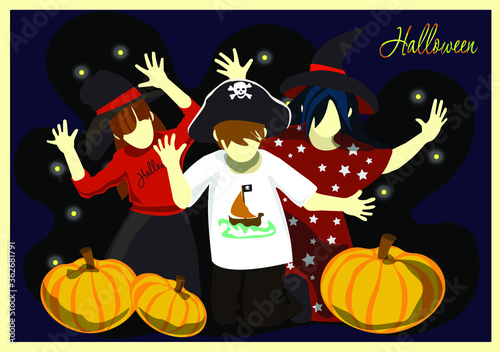 Children holiday Halloween pumpkins in the field night scare passersby