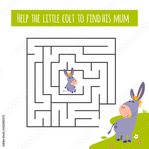 Conundrum. Farm animal educational maze game. Labyrinth page for children's magazine, leisure activity task. Activity for preschool years kids and toddlers.