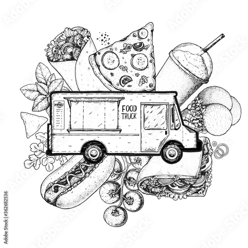 Food truck sketch vector illustration. Fast food design template. Street food concept. Engraved style.