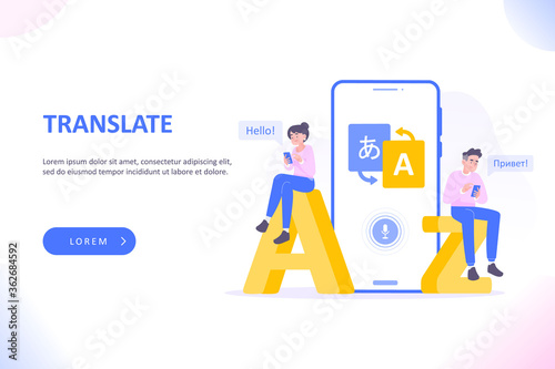 Online multi language translator app concept. Multilingual communication between people. Using translate app on smartphone for learning language. Dialogue between foreign people, vector illustration photo