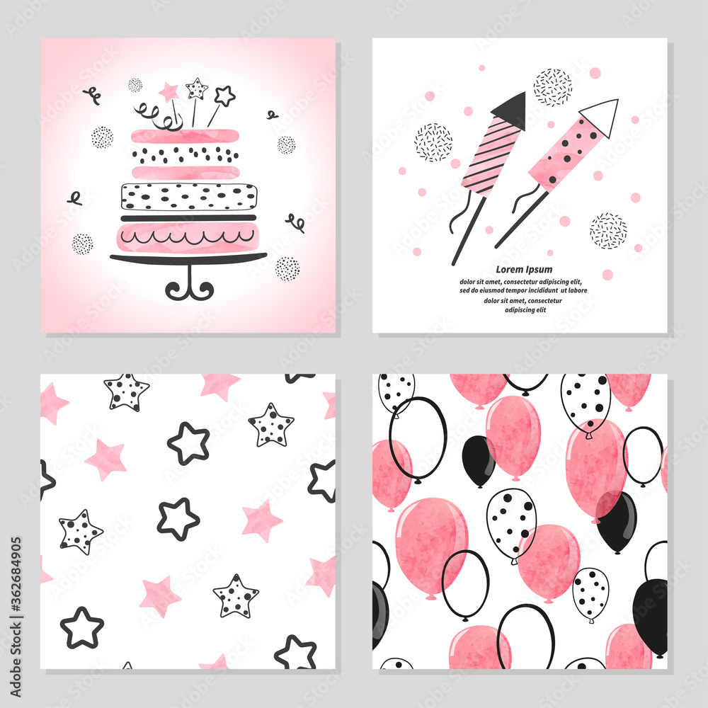 Obraz premium Happy Birthday cards set in pink and black colors. Celebration party vector illustrations with birthday cake and balloons.