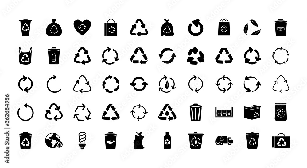 recycle icon set, silhouette style recycle icon set, silhouette style