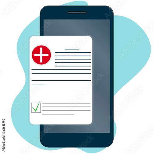 Medical form, check list history on the phone. View the medical certificate through the application. Red badge with a cross.
Passing a physical examination. Vector.