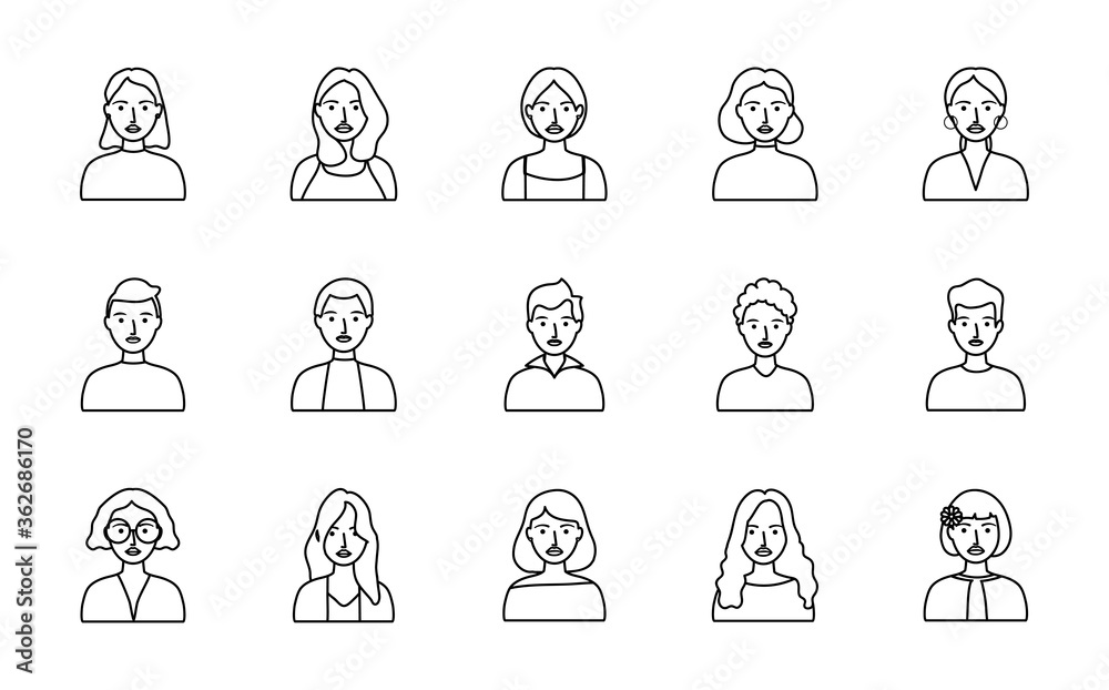 avatar woman and people icon set, line style avatar woman and people icon set, line style