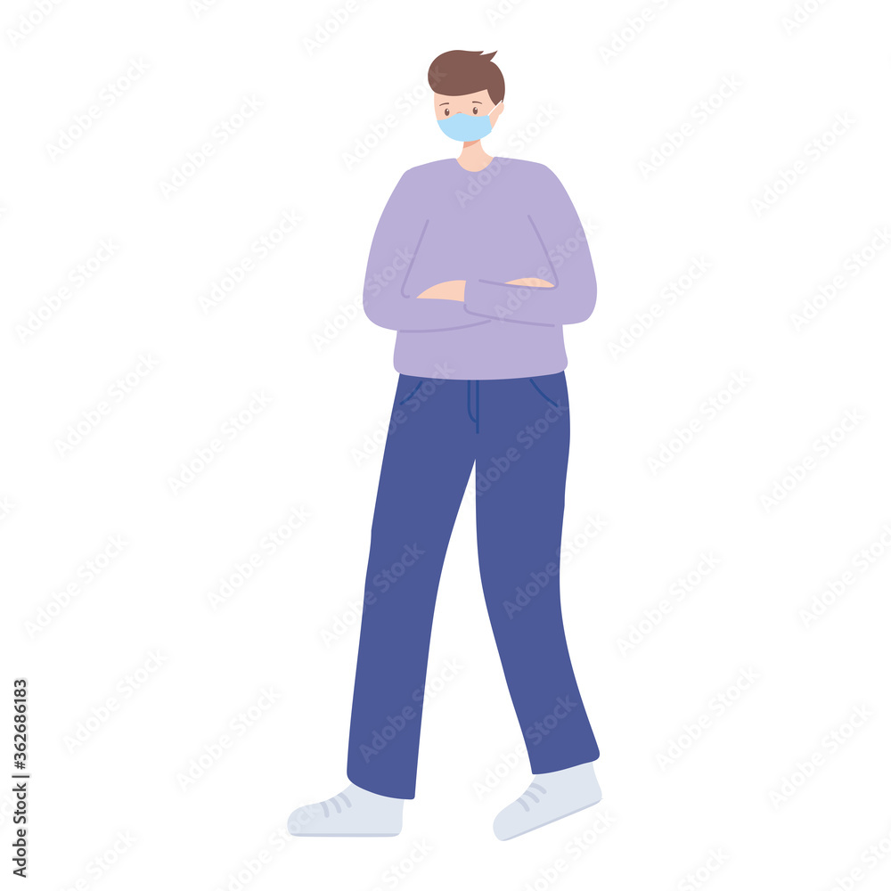 young man with medical mask protection coronavirus covid 19, isolated design icon white background