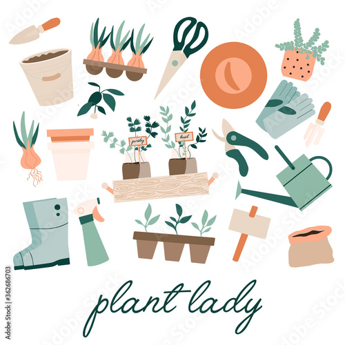 Set of gardening tools. Home garden elements, watering can, grass, garden gloves, cart and potted flowers, soil, hat, spade. boots. Plant lady print, poster, stickers. Urban farming. Season hobby