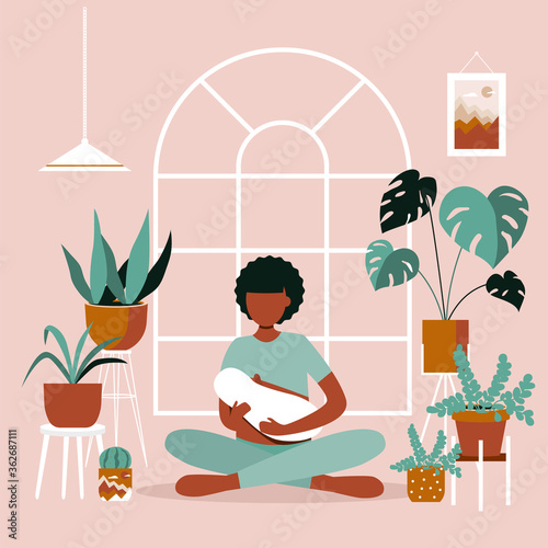 Afro woman breast feeding her newborn baby in lotus pose in home jungle. Lactation. Banner, happy mother day clip art. Child drinks milk from breast. Yoga mom, meditation. Houseplants growing,