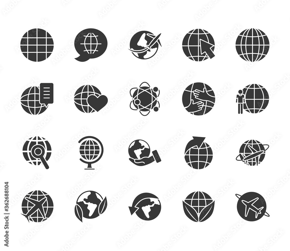 airplanes and global spheres icon set, silhouette style airplanes and global spheres icon set, silhouette style