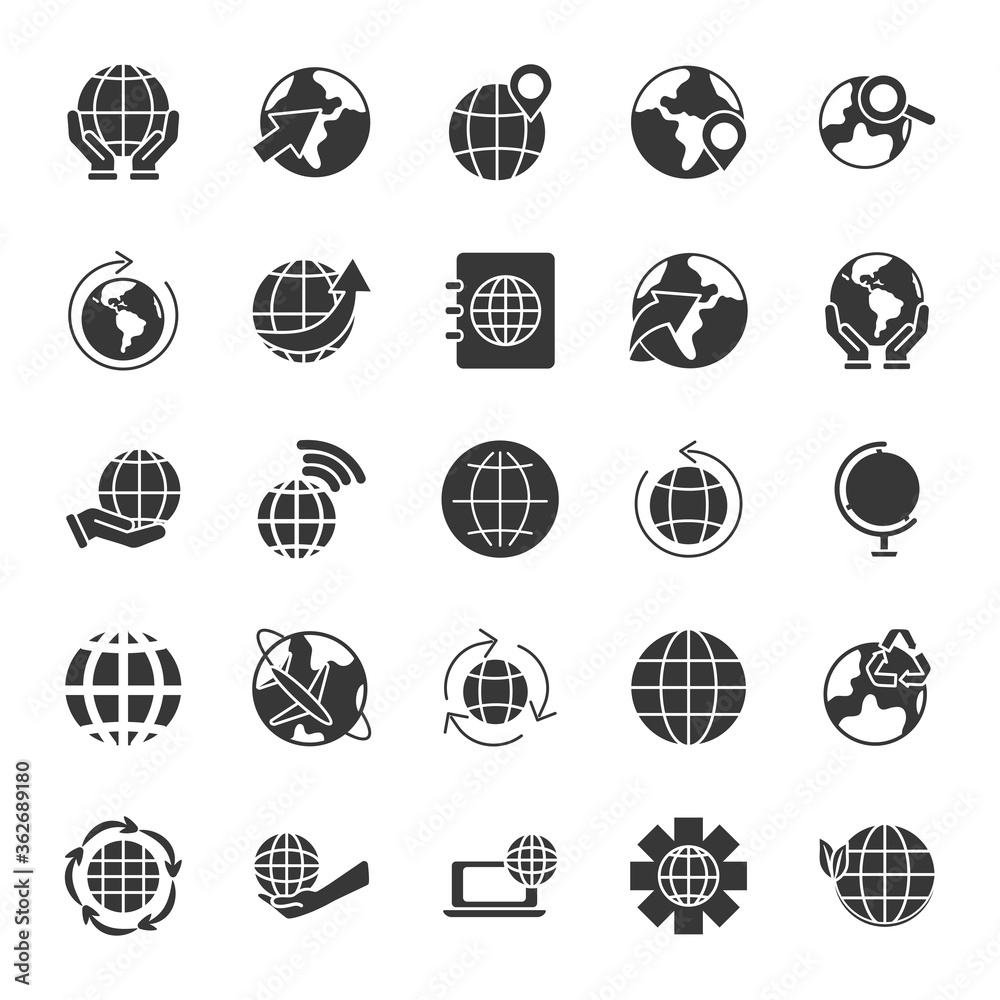 laptop computer and world icon set, silhouette style laptop computer and world icon set, silhouette style