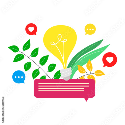 Vector illustration of a creative idea with text messaging. Light bulb Eureka. Discussions Chats. Instant messengers. Social networks. Bubbles Messages Like. A heart. Icons. Plants. Web design. Flat.