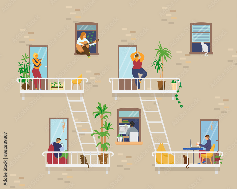 House exterior with people in windows and balconies staying at home and doing different activities: studying, playing guitar, working, doing yoga, cooking, reading. Flat vector illustration. House exterior with people in windows and balconies staying at home and doing different activities: studying, playing guitar, working, doing yoga, cooking, reading. Flat vector illustration.
