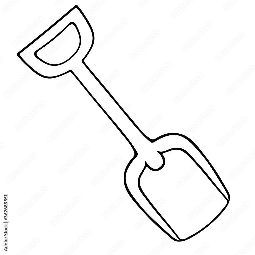 Shovel. Sketch. Vector illustration. Outline on an isolated white background. Doodle style. Children toy for beach games. Inventory for building a castle on the sand and snow removal. Plastic scoop. Shovel. Sketch. Vector illustration. Outline on an isolated white background. Doodle style. Children toy for beach games. Inventory for building a castle on the sand and snow removal. Plastic scoop.