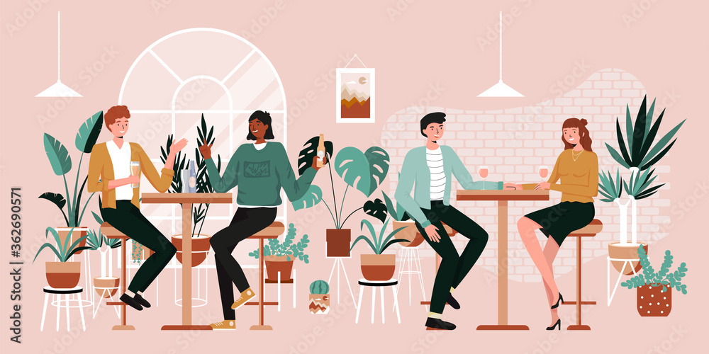 Urban jungle banner, card print. Interior plants decor elements. Winter garden. Tropical leaves, monstera, cacti. People having fun, sitting and drinking. Happy friends, business people at bar party Urban jungle banner, card print. Interior plants decor elements. Winter garden. Tropical leaves, monstera, cacti. People having fun, sitting and drinking. Happy friends, business people at bar party