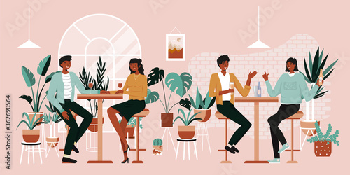 Urban jungle banner, card print. Interior plants decor elements. Winter garden. Tropical leaves, monstera, cacti. People having fun, sitting and drinking. Happy friends, business people at bar party