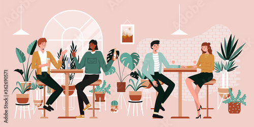 Urban jungle banner, card print. Interior plants decor elements. Winter garden. Tropical leaves, monstera, cacti. People having fun, sitting and drinking. Happy friends, business people at bar party