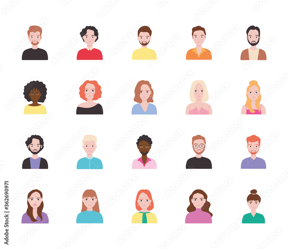 avatar young people icon set, flat style avatar young people icon set, flat style