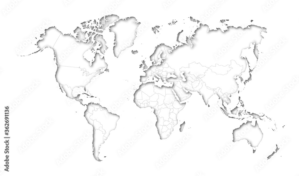 High detail white political world map with country borders. vector illustration of earth map on white background