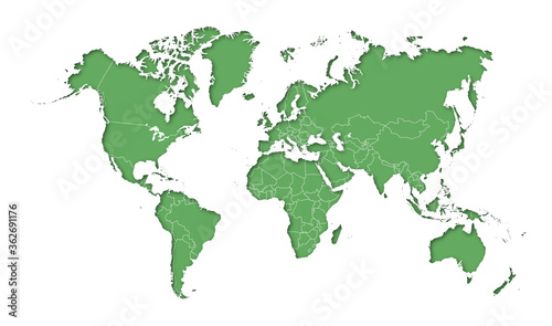 High detail green political world map with country borders. vector illustration of earth map on white background