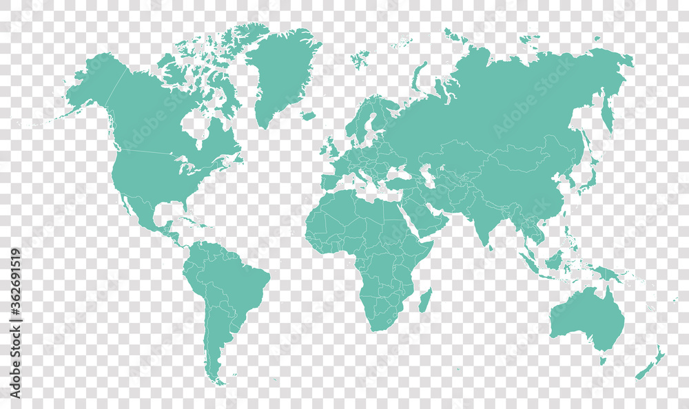 Naklejka Wysoka szczegółowo zielona polityczna mapa świata z granicami kraju. ilustracja wektorowa mapy ziemi na przezroczystym tle